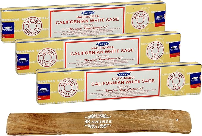 Satya White sage Incense Sticks, Satya sai Baba Insenses 15gmx3 (45 gm) Pack with Raajsee Incense Holder Bundle, Satya Nag Champa Natural Incense