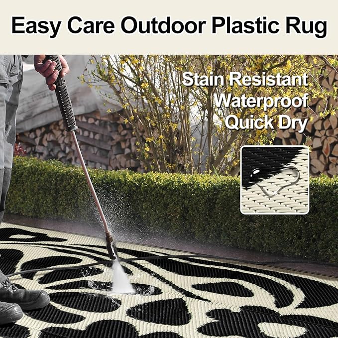 Wonnitar 8x10 Outdoor Patio Rug Clearance,Waterproof Plastic Straw Rugs Reversible Outside Large Mat,Abstract Floral Lightweight Carpet for Backyard Balcony RV Camping Deck (Black & White, 8'x10')