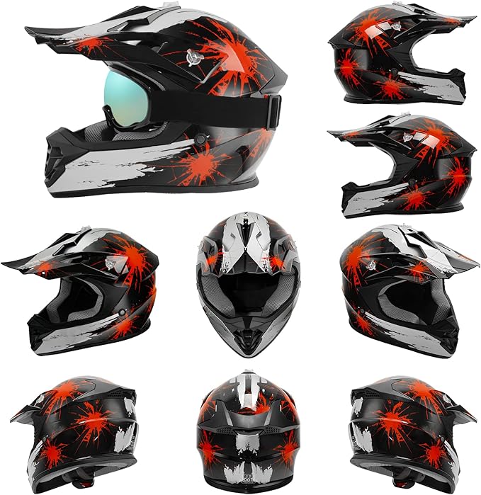 TCT-MOTORPARTS DOT Youth Kids Motocross ATV Helmets Offroad Street Dirt Bike Go-Kart BMX MX Full Face Helmet Black w/Red Fireworks Samll Size
