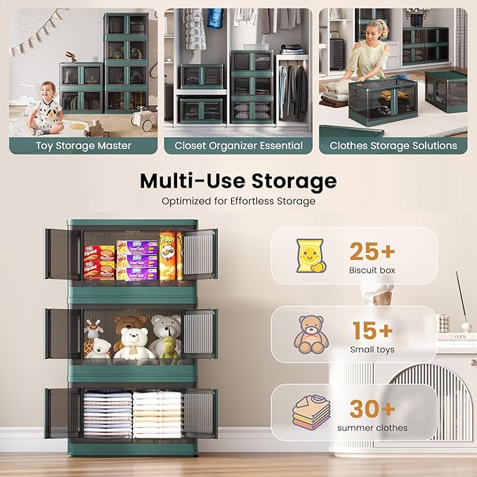 8.4Gal Collapsible Storage Bins with Lids & Wheels - 2 Pack Stackable with Doors, Heavy-Duty Plastic Containers for Home/Office, Green