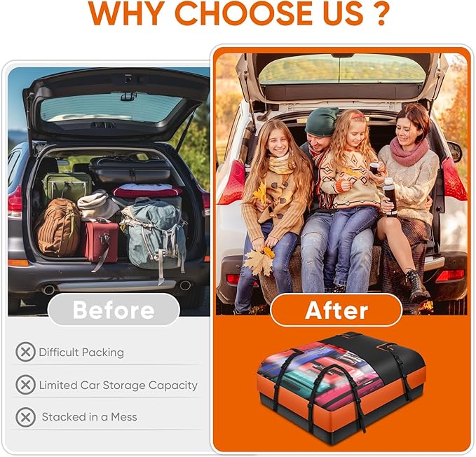 Car Rooftop Waterproof Bag,15 Cubic Feet Large Capacity Rainproof and Snowproof Cargo Transportation Roof Cargo Bag for All Vehicle with/Without Racks-Anti-Slip Mat,10 Straps,Luggage Lock