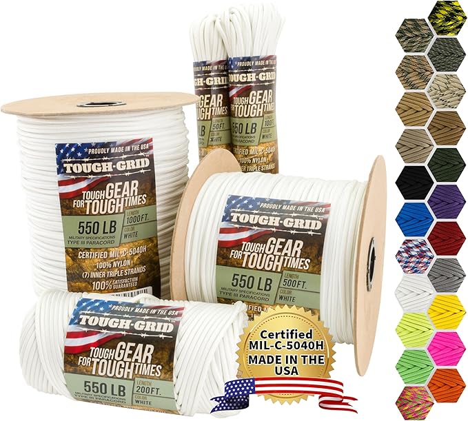 TOUGH-GRID Premium 550lb Paracord Rope - 1000 Ft. - White - 100% Nylon Type IV Mil-Spec - UV & Abrasion Resistant - Heavy Duty Strands - Outdoor Survival Rope - Used by US Military - Made in USA