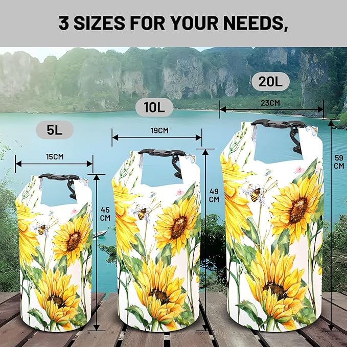 Waterproof Dry Bag,Roll Top Summer Sunflowers Waterproof Backpack 5L/10L/20L Floating and Lightweight Bags for Kayaking, Boating, Fishing, Swimming and Camping with Waterproof Phone Case
