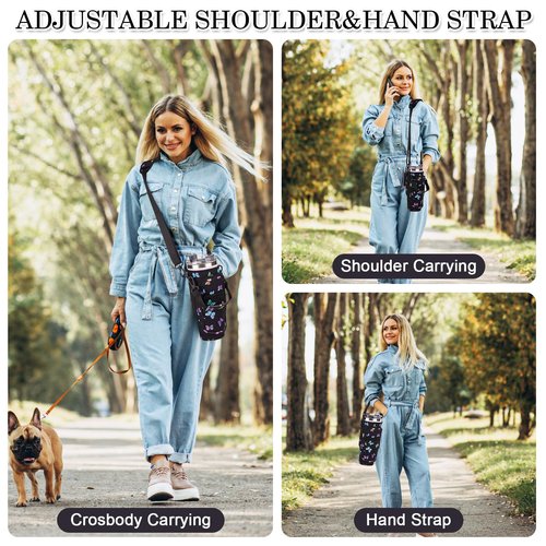 Water Bottle Holder Carrier Bag with Large Phone Pocket,Neoprene Water Bottle Carrier with Strap for Stanley 40 OZ Tumbler, Wrap Around Drink Purse Cup Holder with Straw Cover Accessories