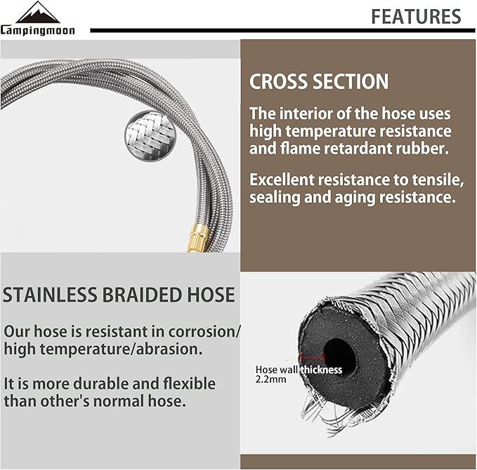 CAMPINGMOON 42.13-inch Multi-function Gas Hose for EN417 Lindal Valve Screw-on Type Canister and Device Z17
