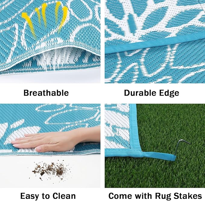Ileading Reversible Outdoor Rug 6x9Ft Waterproof Patio Rug Carpet Portable Outdoor Plastic Straw Rug Large RV Camping Mat Rug for Patio, Clearance, Deck, Beach, Porch, Camping, Picnic, Flower Teal