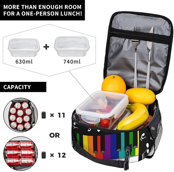 Musical Note Rainbow Key Music Insulated Lunch Bag Reusable Cooler Lunch Box Portable Leakproof Thermal Container Tote Bags for Girls Boys School Travel