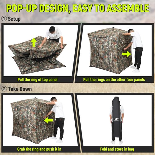 Rhino Valley Hunting Blind 360° See Through, 2-3 Person Pop Up Ground Blinds with Carrying Bag, Portable Resilient Hunting Tent with Silent Magnetic Door & Sliding Windows for Deer Turkey
