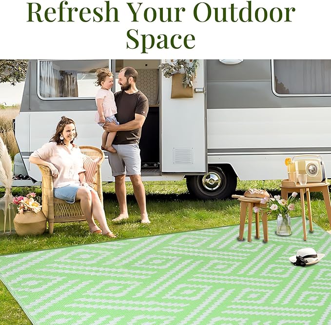 OPPODREAM Outdoor Rug 9x12 Patio Waterproof, Large Outdoor Plastic Straw Rug, Reversible Out Door Carpet for Camping, Deck, Rv, 9 x 12 Area Carpet for Balcony, Porch, Backyard, White and Green