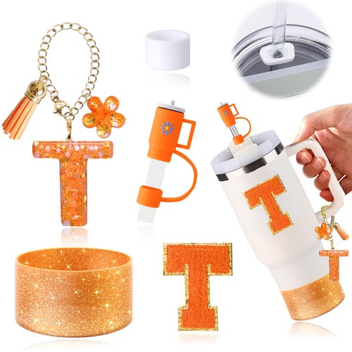 Stanley Cup Accessories Set of 6 PCS, Including Letter Stickers, Letter Chains, Straw Caps, Cup Sleeves, and Spill Proof Stoppers, Orange, 30 Oz 40 Oz, Water Bottle Carrier Set(Cup Not Included)