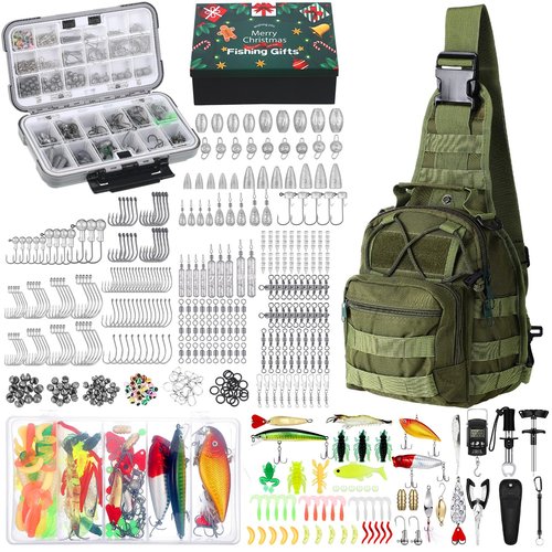 Sosation 482 Pcs Fishing Gear Equipment Kit, Backpack and Tackle Box with Tackle Included, Lures, Hooks, Sinkers Tools Accessories Kit Fishing Gifts for Men(Military Green)