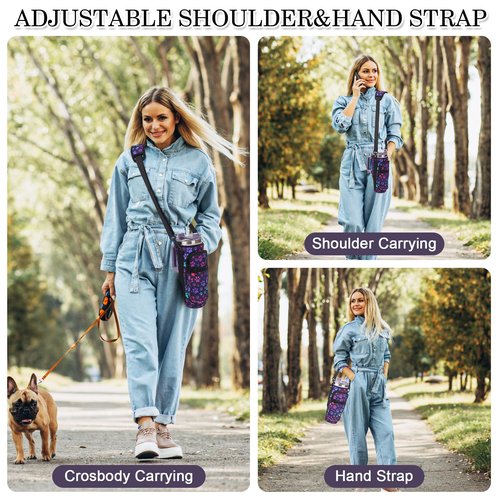 Water Bottle Holder Carrier Bag with Large Phone Pocket,Neoprene Water Bottle Carrier with Strap for Stanley 40 OZ Tumbler, Wrap Around Drink Purse Cup Holder with Straw Cover Accessories