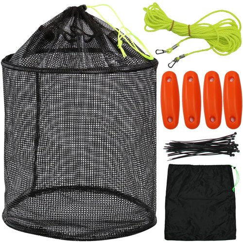 Drasry Large Portable Floating Fishing Basket for Caught Bait Shrimp Minnow Crab Live Well Coated Nylon Net Mesh Collapsible Storage Cage Rubber Kayak Fish Net Bucket(12.6 * 12.6 * 15 in)