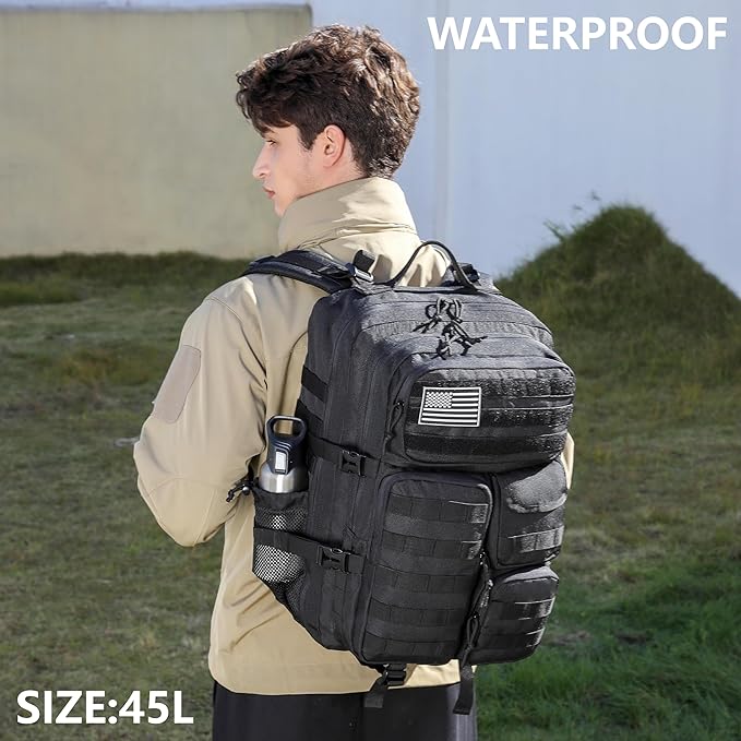 Wotony Tactical Backpack - Military waterproof backpack with multiple pockets and tactical gear for the outdoors (Black, 45L)