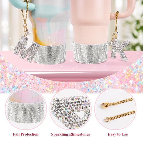 Lingdeer Water Bottle Accessories Set for Stanley Cup 30Oz 40Oz, Bling Letter Charms, Diamond Straw Cover, Glitter Silicone Boot, Personalized Sticker, Bow Straw Topper for Stanley Cup Accessories (S)