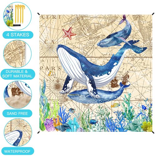 Eotheme Sandproof Beach Mat 79" X 82" for 4-7 Adults, Waterproof Quick Drying Lightweight Beach Blanket with 4 Stakes for Travel Camping Hiking (Whale)