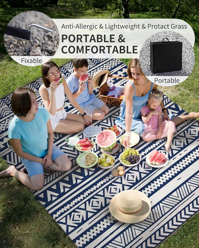 MontVoo Outdoor Rug Carpet Waterproof 6x9 Outdoor Patio Rug Mat Reverisble Plastic Straw Outdoor Rug for RV Camping Picnic Beach Balcony Boho Navy Blue