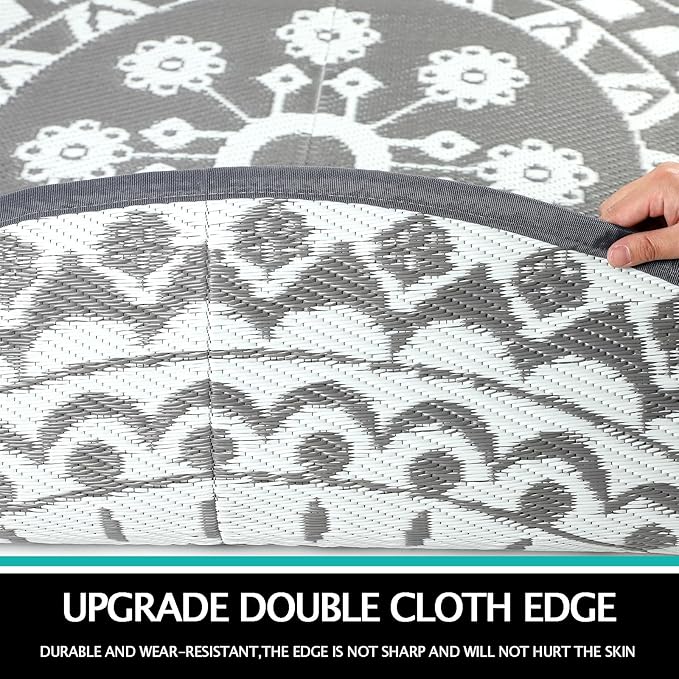 Capslpad 8Ft Round Outdoor Rug for Patios Clearance Reversible Mat Plastic Straw Patio Rugs Lightweight RV Camping Mat Circle Outside Area Rug Carpet for Balcony Deck Trailer Picnic BBQ, Grey