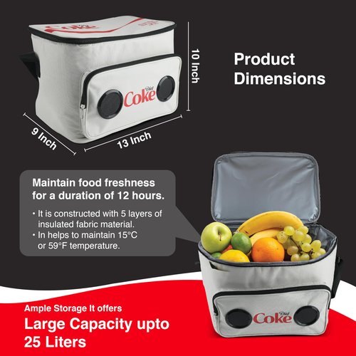 Diet Coke Cooler Bag with Built-In Bluetooth Stereo Speakers, Multi-Zipped Pockets, 24 Can Capacity, Adjustable Shoulder Strap, 12 Hours of Insulated Cooling and Freshness, for Camping, Fishing, Beach