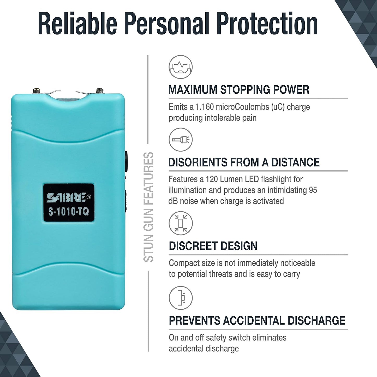 SABRE 2-in-1 Stun Gun with LED Flashlight, Self Defense Stun Gun with Painful 1.160 µC Charge, 120 Lumens, Rechargeable Battery, Easy to Use Safety Switch, Belt Holster for Quick Access
