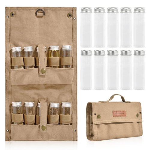 GVRGO Camping Spice Kit, Portable Travel Spice Bag Pouch With 10 Spice Containers, Foldable Canvas Seasoning Storage Bag for Outdoor Travel Camping BBQ Picnic- Khaki