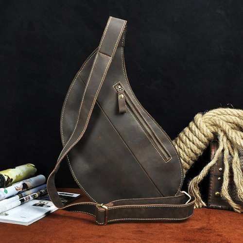 Le'aokuu Mens Fashion Casual Tea Designer Travel Hiking Crossbody Chest Sling Bag Rig One Shoulder Strap Bag For Men Leather (9918 Dark Brown)