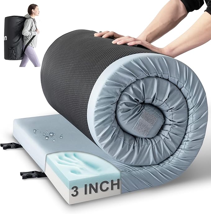 Kingfun Memory Foam Camping Sleeping Pad, CertiPUR-US Camping Mattress Waterproof Roll Up Mattress Guest Bed, Thick Floor Sleeping Mat for Car Truck Tent for Adults with Travel Bag