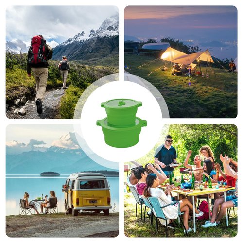 MORSNE Collapsible Silicone Bowls with Lids for Camping, Microwave, Travel & Outdoor Hiking - Green 2 Pack (0.8L+1.4L)