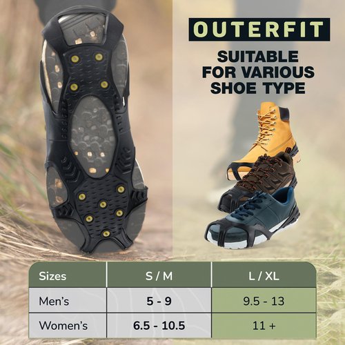 Outerfit Ice Cleats for Shoes and Boots, Non-Slip Crampons with Tungsten Steel Spikes, Snow and Ice Cleats for Hiking, Fishing, Walking