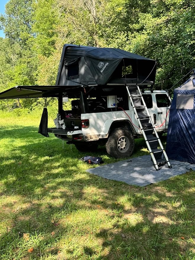 FoundGo Awning Carpet HDPE Camping Outdoor Rug with Eyelets,Nails,Broom,for RV,Patio,Backyard,Picnic,Beach,Trailer 9'*18' (2.74 * 5.49m)-Blue Grey