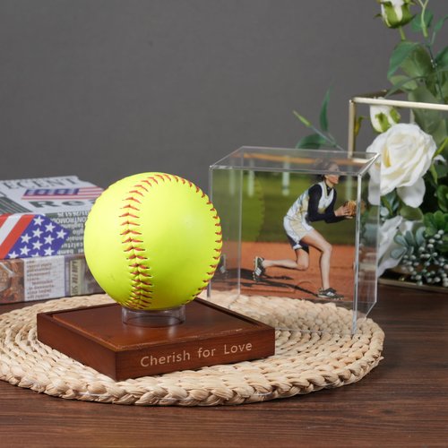 Softball Display Case Clear Acrylic Display Cube for Softball Baseball Tennis Ball Sports Ball Storage with Wooden Base - Display Memorabilia and Souvenirs