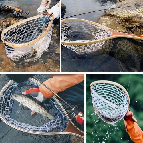 SEASPRO Fly Fishing Landing Net Trout Soft 23.62in Rubber Catch and Release Fish Net with Wooden Handle Frame Magnetic Fly Fish Net