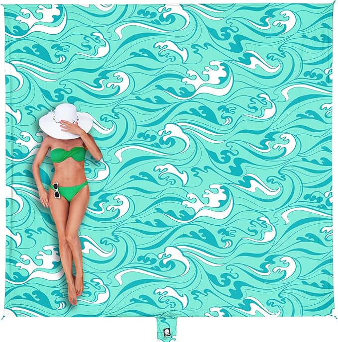 WEKAPO Beach Blanket Waterproof Sandproof Oversized Extra Large Sand Free Beach Mat with Stakes, Storage Bag - Essentials for Outdoor Beach, Picnic (Turquoise Ocean Waves, 8 X 7 FT (1~4 Person))