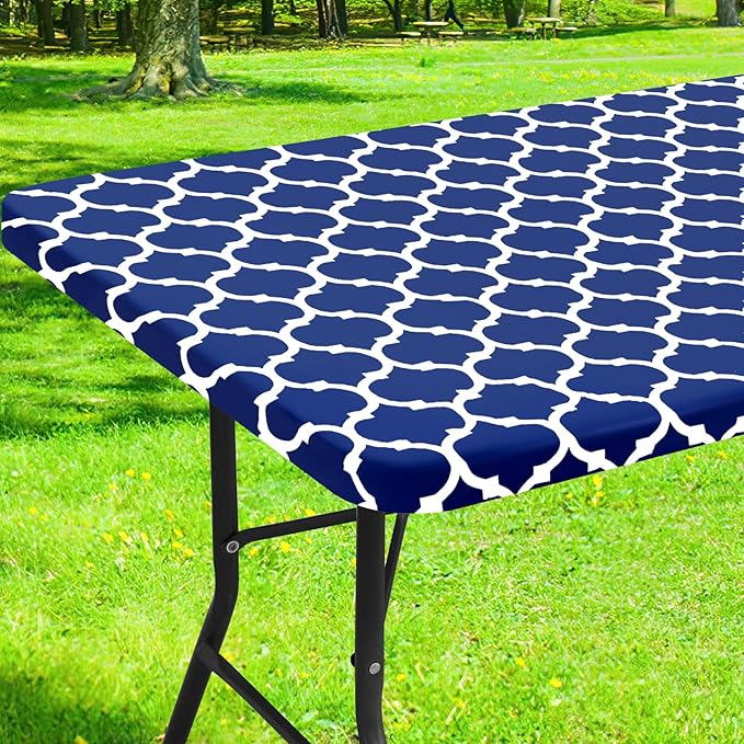 Smiry Rectangle Picnic Table Cover, Waterproof Elastic Fitted Camping Tablecloths for 4 Foot Tables, Wipeable Flannel Backed Vinyl Tablecloth Protector for Indoor, Outdoor (Navy, 30x48 Inches)