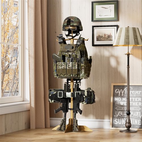 BUYYAH Tactical Military Gear Stand, Heavy Duty Tactical Gear Support Stand Helmet Vest Belt Rack, Motorcycle Helmet Holder Stand Display Organizer, Indoor Home Garage, Tan