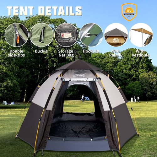 Hewolf 2/3/4 Person Camping Tent - Instant Pop Up Waterproof 2 Doors Tent with Easy Setup | 3-Season Hexagonal Dome Design for Family, Hiking & Traveling (Double Gray)