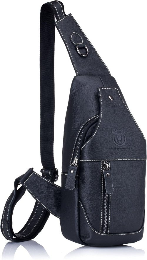 BULLCAPTAIN Genuine Leather Men Bags Shoulder Sling Crossbody Bag Casual Mens Chest Bag Travel Hiking Backpack (Black)