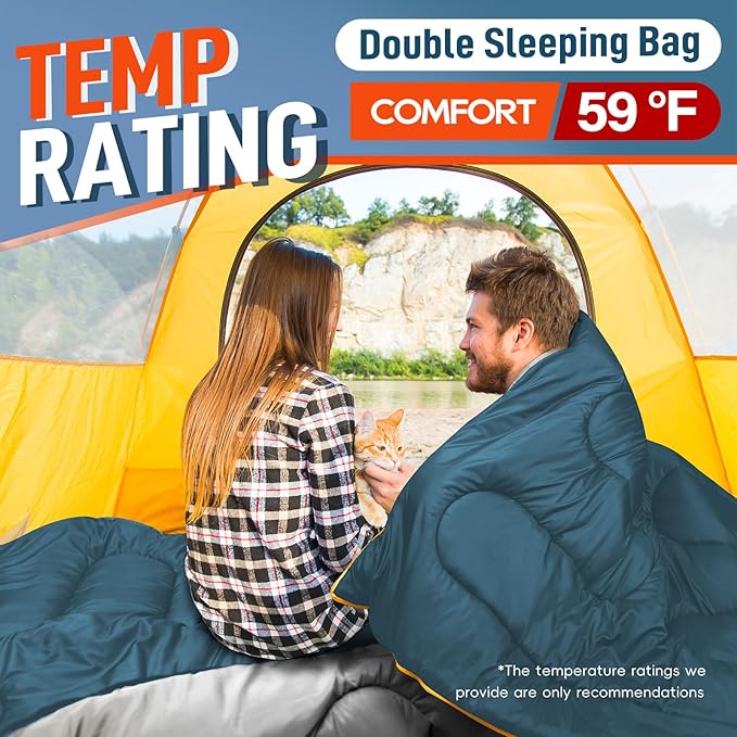MEREZA Double Sleeping Bag for Adults Mens with Pillow, XL Queen Size Two Person Sleeping Bag for All Season Camping Hiking Backpacking 2 Person Sleeping Bags for Cold Weather & Warm