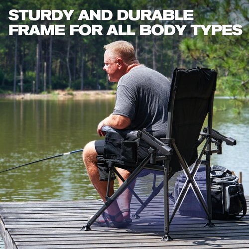 Oversized Camping Chair, Heavy Duty Support 350 LBS Folding Chair, Feet Rotatable Padded Fishing Chair with Rod Holder, Cup Holder, Side Pocket, Hard Armrest for Beach, Fishing,Trip,Picnic,Lawn
