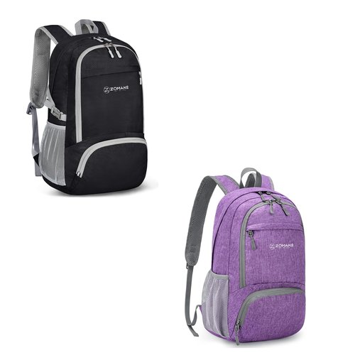ZOMAKE Lightweight Packable Backpack 30L - Foldable Hiking Backpacks Water Resistant Compact Folding Daypack for Travel - Black&Light Purple