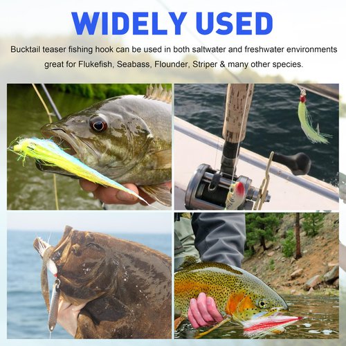 Bucktail Teaser Fishing Hooks,5pcs Saltwater Flounder Rig Stainless Steel Fishing Jig Hooks Bucktail Mylar Flash Teasers Inserted for Striper Catfish Cod Flounder Hi/Lo Rig