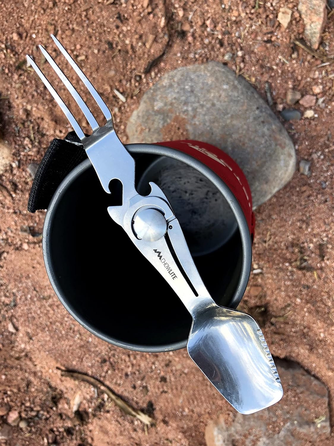 OUTDOOR EDGE Chowlite - Mealtime Multitool with Folding/Locking Fork, Spoon, Bottle Opener, Can Opener and Screwdriver - 100% Stainless Steel - Perfect for Camping, Hiking, Backpacking and Hunting
