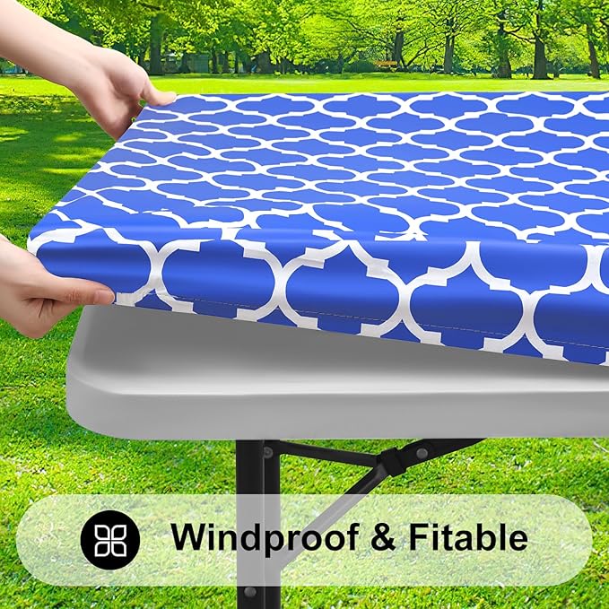 Smiry Rectangle Picnic Table Cover, Waterproof Elastic Fitted Camping Tablecloths for 8 Foot Tables, Wipeable Flannel Backed Vinyl Tablecloth Protector for Indoor, Outdoor (Blue, 30x96 Inches)