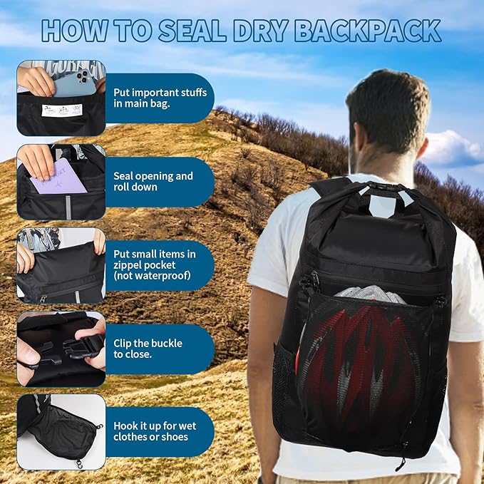 Dry Bag Backpack,20L Dry bags Waterproof Kayaking with Waist Pouch and Phone Case,Waterproof Backpack Marine dry bag for Kayaking,Beach,Rafting, Boating,Hiking,Camping and Fishing (Black)