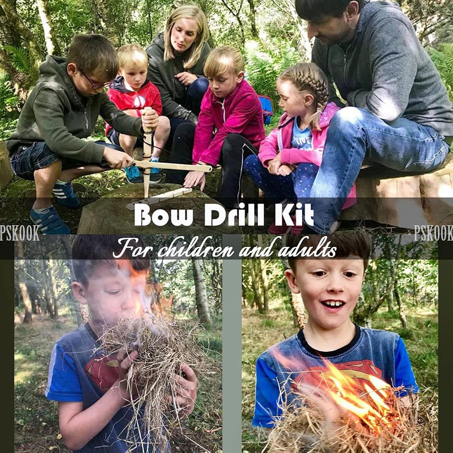 PSKOOK Bow Drill Kit Fire Starter, Primitive Wood, Survival Practice Friction Fire Tool for Scout Outdoor Activity Teaching, Outward Bound Training, Wildness Survival Beginner