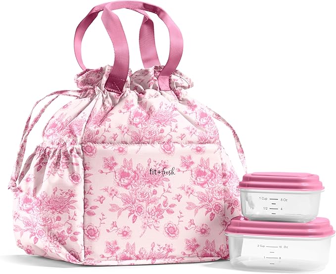 Fit & Fresh Lunch Bag For Women, Insulated Womens Lunch Bag For Work, Stain-Resistant Large Lunch Box For Women With Containers, Cinch Closure Cromwell Bag, Pink FloralToile
