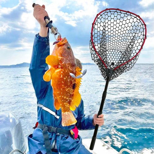 SEASPRO Red Telescoping Rubber Fishing Net Aluminum Alloy Fish Net - Adjustable Length Lightweight Foldable Large Fishing Net with Handle Collapsible Extendable Fishing Accessories