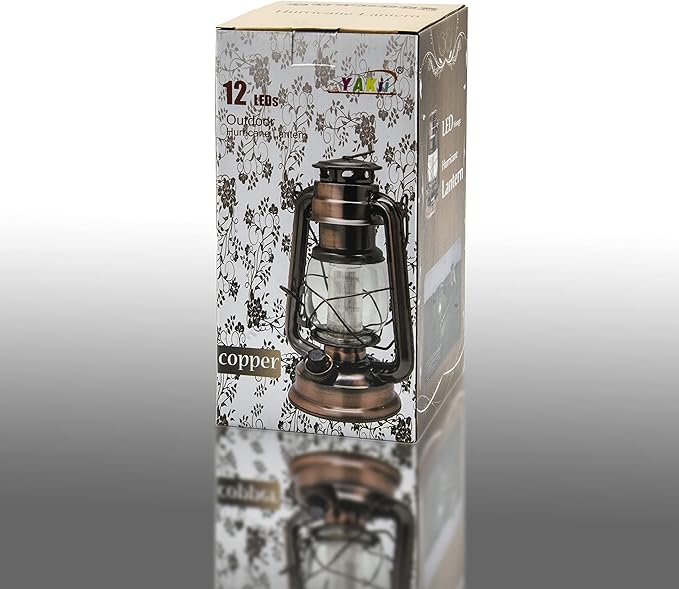 YAKii LED Vintage Lantern Metal Hanging Hurricane Lantern 12 LED Dimmer Switch Cold White Battery Operated Power Outage Indoor Camping Lighting Outdoor Brooklyn Decoration(Copper)