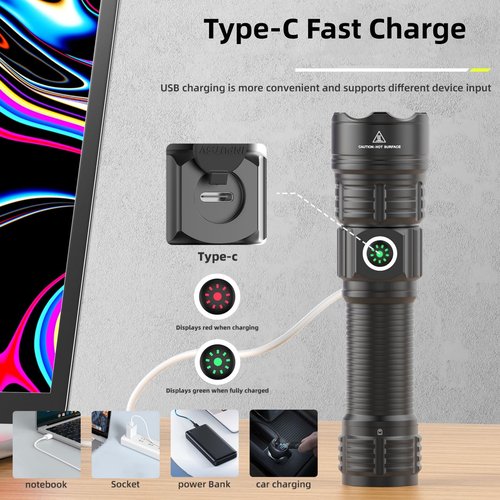 WINDFIRE Tactical Flashlight Rechargeable, Flashlight High Lumen with Picatinny Rails Mount and Pressure Switch, Zoomable 3 Modes Handheld Flash Light