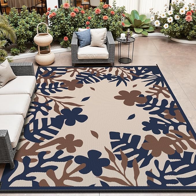 MontVoo Outdoor Rug Waterproof 6x9 ft RV Outdoor Rug for Camping Picnic Mat Outdoor Patio Rug Carpet Plastic Straw Reversible Floral Navy Orange